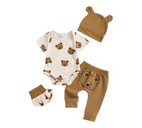 Geagodelia Vestiti Neonati Bambini Orso Koala Stampato Set Romper a Maniche Lunghe e Pantaloni 3 pezzi Cappello Primavera Autunno Completini Bimbi (Khaki Orso, 0-3 mesi)