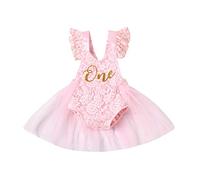 Geagodelia Vestito Pagliaccetto Neonata Compleanno in Pizzo Tutina Bambina Manica Corta Estivo da Piccola Principessa Abito Bimba Battesimo Elegante (Rosa, 12-18 Mesi)