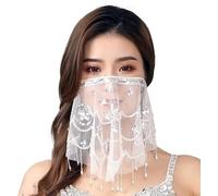 Geardeangloow Shinny Velo per il viso con paillettes, delicato sulla pelle, per danza del ventre, sciarpa, accessori per prestazioni, velo a rete, colore argento e bianco, Argento e bianco, Silver