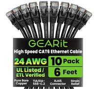 GEARit Cat 6 Ethernet Cable Pack - 10-Pack 6 ft Cat6 Ethernet Patch Cables | RJ45 Network Patch Cable, 10 Gbps Snagless Gold-Plated Connectors - Ethernet Cable Cat 6 for PC, TV, Router - Black