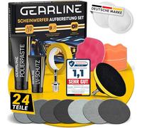 GEARLINE Set per la preparazione dei fari [24 pezzi] - Set di lucidatura per fari opachi e ciechi - Include protezione UV, pasta lucidante, adattatore e 14 dischi abrasivi - Set lucidante auto per la
