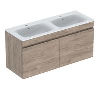 Geberit Renova Plan ensemble double lavabo double avec meuble sous lavabo, 2 tiroirs, 130x62,2x48cm, 501.918.JR.8, 501.918.JR.8, Colorazione: lavabo: bianco/KeraTect, frontale/carcassa: noce hickory/r