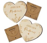 GEBETTER Spagnolo Idee Regalo Padrino Madrine Battesimo Cresima 2pz Targhe Cuore Legno per Chiedere di Essere Padrino Madrine Vuoi Essere il Mio Padrino la MiaMadrina con 2pz Buste