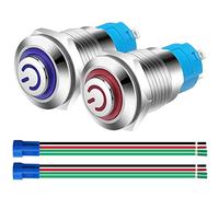 Gebildet 2pcs 12mm Aggancio Interruttore a Pulsante in Acciaio Inossidabile, 230VAC 3A Simbolo LED Normalmente Aperto SPST ON Off Interruttore Impermeabile con Spina a Filo (Blu+Rosso,Testa Alta)