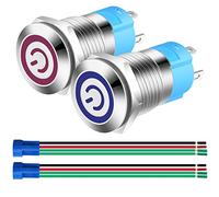 Gebildet 2pcs 12mm Bloccaggio Interruttore a Pulsante in Acciaio Inossidabile, 12V-24V 3A Simbolo LED Normalmente Aperto SPST ON Off Interruttore a Levetta Impermeabile con Spina a Filo (Blu+Rosso)