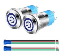 Gebildet 2pcs 12mm Interruttori a Pulsante ad Aggancio in Acciaio Inossidabile, 12V-24V 3A Simbolo LED Normalmente Aperto SPST ON Off Interruttore a Levetta Impermeabile con Spina a Filo (LED Blu)