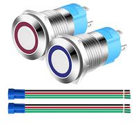 Gebildet 2pcs 12mm Pulsante Momentaneo in Acciaio Inossidabile,12V-24V LED 3A Normalmente Aperto SPST ON Off Pulsante Impermeabile con Spina a Filo(Blu+Rosso)