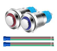 Gebildet 2pcs 12mm Pulsante Momentaneo in Acciaio Inossidabile,230VAC 3A LED Normalmente Aperto SPST ON Off Pulsante Impermeabile con Spina a Filo(Blu+Rosso,Testa Alta)