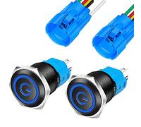 Gebildet 2Pezzi 16mm Metallo Nero Interruttore a Pulsante a Scatto 12V-24V 3A Simbolo di Alimentazione LED 1NO1NC SPDT Acceso/Spento Interruttore a Levetta Impermeabile con Spina (LED Blu)