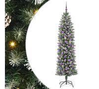 Gecheer Albero di Natale artificiale sottile, albero di Natale slim 210 cm verde e bianco con aghi in PVC realistici e luci LED bianche calde, perfetto per stanze piccole e dehors coperti