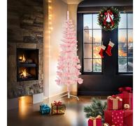 Gecheer Albero Natale Artificiale Sottile, Mezzo Albero in PVC con Supporto Rosa 180 cm, Albero di Natale Salvaspazio per Casa