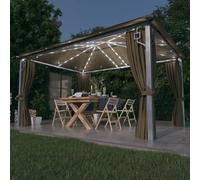 Gecheer Gazebo con Tende e Luci a LED, Gazebo per Esterno, Pergola con Tela, Gazebo da giardino, Gazebo per feste, Gazebo con Zanzariera, Padiglione 4x3m Tortora, Alluminio