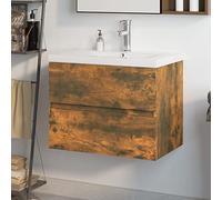 Gecheer Mobile da Bagno,Sospeso,Pensile,a Muro,Moderno,con Rubinetto e Scarico,con Lavabo Lavandino Integrato,in Legno Multistrato,Rovere Fumo 60x38,5x45 cm