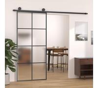 Gecheer Porta,Scorrevole,con Set Binario,con Ferramenta,in Vetro ESG e Alluminio,Nero e Trasparete,90x205 cm,Griglie 4x2,Set Porte Sorrevoli con Kit Binario,Porta Scorrevole in Vetro e Alluminio