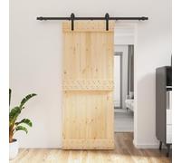 Gecheer Porta Scorrevole del Granaio, in Legno di Pino, Nero e Naturale, 85x210 cm, Binario 183 cm