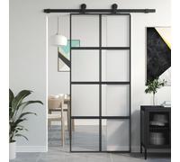 Gecheer Porta Scorrevole,per Interno,in Vetro ESG e Alluminio,Nero Semi-Smerigliato,90x205 cm,Porta Scorrevole in Vetro e Alluminio,Porta per Interno