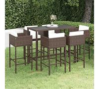 Gecheer Set da Bar,da Giardino,Esterno,7 pz,in Polyrattan Marrone,Set Tavolo e Sedie da Bar,Alti da Giardino,Set Tavolo Vetro 130 cm e 6 Sgabelli con Braccioli da Bar Esterno