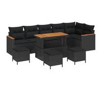 Gecheer Set Divano da Giardino, 10 Pezzi con Cuscini in Poly Rattan Nero, Poliestere e Legno di Acacia, Resistente a UV e Acqua per Giardino o Terrazza
