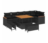 Gecheer Set Divano da Giardino 9 Pezzi, Con Cuscini Esterni in Polyrattan Nero e Legno di Acacia, Materiali Durevoli e Resistenza all'Acqua per Giardino o Terrazza