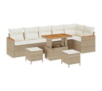 Gecheer Set Divano da Giardino con Cuscino, 9 Pezzi Poly Rattan Beige, Legno di Acacia, Cuscini Morbidi, per Esterni Giardino Terrazza