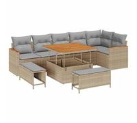 Gecheer Set Divano da Giardino con Cuscino, Forma Rettangolare 9 Pezzi in Polyrattan e Legno di Acacia con Rivestimento Resistente UV per Spazi Esterni