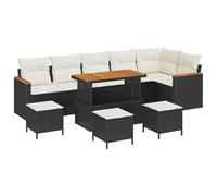 Gecheer Set Divano da Giardino, Polyrattan Nero 10 Pezzi con Cuscini per Esterni, Legno di Acacia e Tessuto Poliestere per Giardino, Terrazze