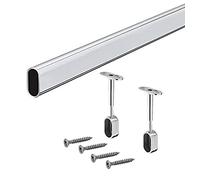 Gedotec Asta ovale per armadio 2000 mm con supporto centrale per montaggio a soffitto, asta per nicchia in metallo cromato, tubo per armadio 30 x 15 mm, 1 set di tubi per mobili per armadio