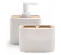 GEDY | Set Melbourne 2 Pezzi, 1 Dispenser Sapone e 1 Porta Spazzolino, Serie Realizzata in Resina e Bambù con Finiture Bianche