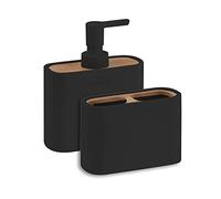 Gedy Melbourne Set 2 Pezzi Accessori Bagno Realizzato in Resina e Bambù Finitura Nero Opaco, composto da 1 Dispenser Sapone Bagno con Erogatore e 1 Porta Spazzolini Bagno a 2 Scomparti
