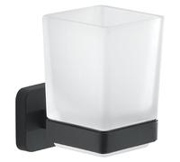 GEDY | Porta Spazzolino Tonga, Bicchiere Porta Spazzolino in Acciaio Inox, Cromall e Vetro Satinato, Fissaggio con Viti Incluse o Biadesivo, Nero Matt, 6,4x9,7x10,5cm