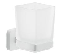 GEDY | Porta Spazzolino Tonga, Bicchiere Porta Spazzolino in Acciaio Inox, Cromall e Vetro Satinato, Fissaggio con Viti Incluse o Biadesivo, Bianco Matt, 6,4x9,7x10,5cm