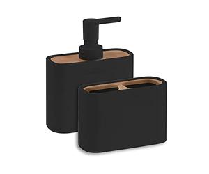 GEDY | Set Melbourne 2 Pezzi, 1 Dispenser Sapone e 1 Porta Spazzolino, Serie Realizzata in Resina e Bambù con Finiture Nere