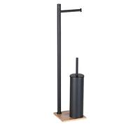 Gedy TRILLY - Porta scopino e porta rotolo per bagno, naturale-nero opaco, acciaio inox e base in bambù, 14 x 14 x 63