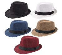 Geebuzz Confezione da 5 cappelli Fedora a tesa corta per uomo donna classico estivo spiaggia cappello da sole Panama Gatsby Fedora Cappelli, Confezione da 5 pezzi nero+bianco+cachi+blu+vino rosso, M