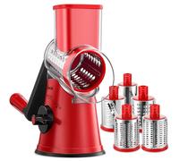 Geedel Grattugia formaggio con manovella, raschietto per verdure con 5 lame a tamburo intercambiabili in acciaio inox, forte piedino di aspirazione, taglio rapido, affettatrice per formaggio carote