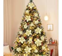 Geefuun Aureate - Fiori di Natale artificiali, decorazioni per albero di Natale, oro glitterato, con clip