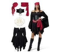 Geehora Costume Pirata Donna Set Completo - Abito Off Shoulder a Doppio Strato con Corsetto, Fascia e Bandana, Catena Vita Regolabile e Perline Capelli - Ideale per Carnevale e Feste a Tema (Nero, S)