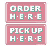 GEEKBEAR Segnali "Order Here and Pick Up Here (rosa) - Confezione da 2, 30,5 x 15,2 cm - Design di alta qualità, non sbiadisce, con speciali ganci per appenderli, perfetti per ristoranti, caffè e bar,