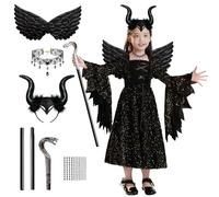GEEKEO Malefica Costume per Bambina, 6 Pezzi Vestito Halloween Strega Cattiva Bambina con Cerchietto Corna del Diavolo Ali Nero e Collana, Costume da Strega per Halloween Carnevale Cosplay