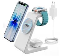 GEEKERA Certificato Stazione Ricarica per Apple, Caricatore Wireless Rapido 15W compatibile con Mag-Safe per iPhone Air/17-12, Stand Ricarica per Apple Watch, Base Carica per AirPods, Bianco e Grigio