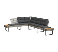 GeenYuu Divano da giardino a forma di L, grigio, con cuscino, in polyrattan e acacia, resistente alle intemperie, divano angolare per esterni, per terrazza, balcone e giardino d'inverno, con robusto