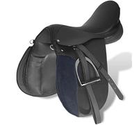 GeenYuu Reiten, Set di sella in vera pelle, 44,5 cm, colore nero, larghezza camera 18 cm, 5 in 1, con cinghia, staffe, supporto per staffe, coprisella per saltare e comfort per il tempo libero