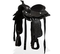 GeenYuu Sella western in vera pelle con cavezza e pettorale da 30,5 cm, nera, inclusa cintura e staffa, ergonomica, per equitazione e cavallo, ideale per il tempo libero, il dressage e l'equitazione