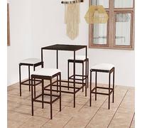 GeenYuu Set da bar da giardino da 5 pezzi con cuscini, in polyrattan marrone, resistente alle intemperie, per balcone, terrazza, tavolo in acciaio verniciato a polvere con piano in vetro, 4 sgabelli