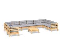 GeenYuu Set da giardino da 11 pezzi, in legno di pino massiccio con cuscini grigi, resistente alle intemperie, per balcone, terrazza, giardino d'inverno, con sgabello e imbottitura, facile da pulire e