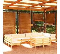GeenYuu Set da giardino da 12 pezzi, in legno di pino massiccio con cuscini color crema, resistente alle intemperie, per balcone, terrazza e giardino d'inverno, facile da pulire, con imbottiture