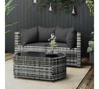 GeenYuu Set da giardino in polyrattan grigio, 3 pezzi, con cuscino, divano angolare resistente alle intemperie, per balcone, terrazza e giardino d'inverno, divano da esterno con tavolino da caffè