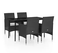 GeenYuu Set da pranzo da giardino, 5 pezzi, con cuscino, nero, rattan PE resistente alle intemperie e acciaio verniciato a polvere, tavolo da 140 x 70 x 74 cm, 4 sedie con imbottitura