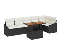 GeenYuu Set da pranzo da giardino, 7 pezzi, con cuscini, in polyrattan, colore nero e crema, resistente alle intemperie, con vano portaoggetti, piedi regolabili, ideale per balcone, terrazza e
