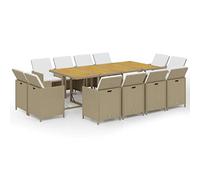 GeenYuu Set da pranzo da giardino da 13 pezzi, con cuscini in polyrattan e legno di acacia, resistente alle intemperie, con tavolo allungabile, 12 sedie con imbottiture, per balcone, terrazza